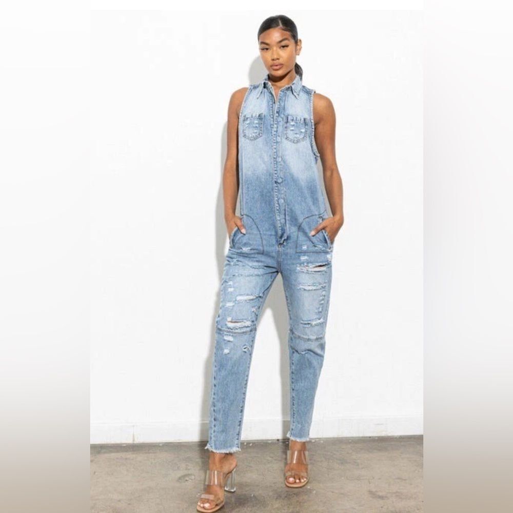 VIBRANT M.I.U Put In Work Utility Jumpsuit Distressed Denim Small